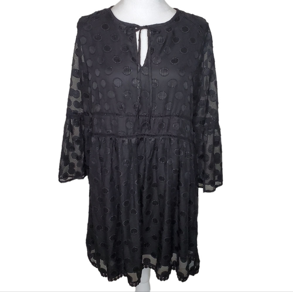 Altar'd State Mini Dress, 3/4 Length Bell Sleeves Black Polka-dots, Size M
